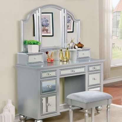 Furniture of America Tracy Transitional Mirror Solid with Wood Veneer Silver Vanity with Stool Model CM-DK6162SV-STOOL