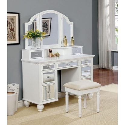 Furniture of America Tracy Transitional Mirror Solid with Wood Veneer White Vanity with Stool Model CM-DK6162WH