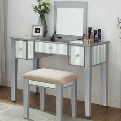 Furniture of America Joyce Transitional Solid with Wood Veneer Silver Vanity with Stool Model CM-DK6385SV-UPS3