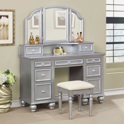 Furniture of America Athy Transitional Mirror Solid with Wood Veneer Silver Vanity with Stool Model CM-DK6848SV