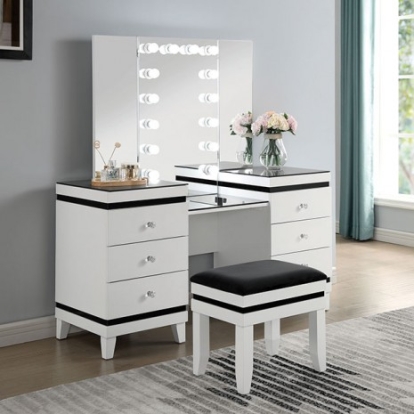 Furniture Of America Madonna Contemporary Fabric, Solid Wood, Others White/Black Vanity Set | CM-DK824WH-PK