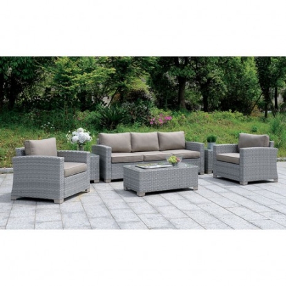 Furniture of America Brindsmade Contemporary Aluminum Fabric Faux Rattan Tempered Glass Light Brown-Gray 6 Pc. Patio Set with Coffee Table & 2 End Tables Model CM-OS1842GY-SET-ARM CHAIR