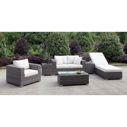 Somani Light Gray Wicker/Ivory Cushion Loveseat- Chair with Adj Chaise with 2 End Tables with Coffee Model CM-OS2128-SET21 by Furniture of America