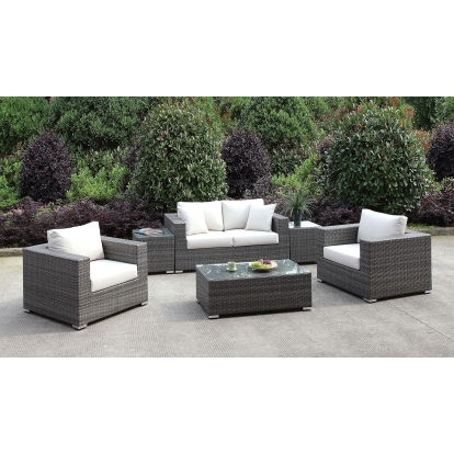 Somani Light Gray Wicker/Ivory Cushion Loveseat with 2 Chairs with 2 End Tables with Coffee Table Model CM-OS2128-SET22 by Furniture of America
