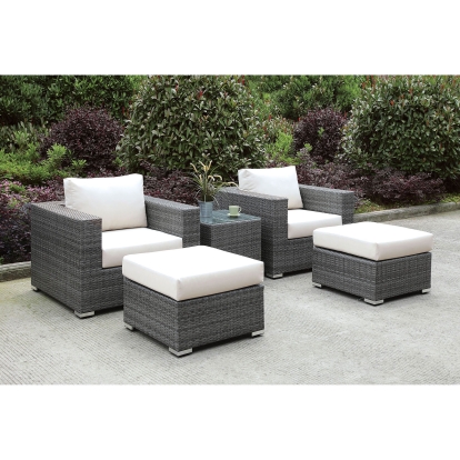 Somani Light Gray Wicker/Ivory Cushion 2 Chairs with 2 Ottomans with End Table Model CM-OS2128-SET26 by Furniture of America