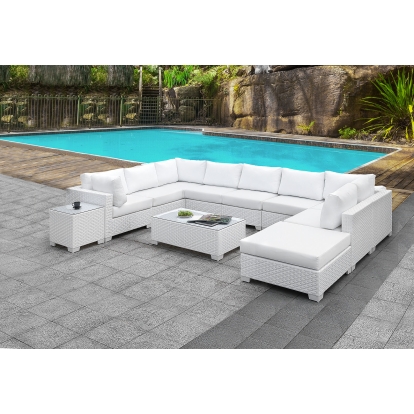 Somani White Wicker/White Cushion L-Sectional with Coffee Table with End Table Model CM-OS2128WH-SET10 by Furniture of America