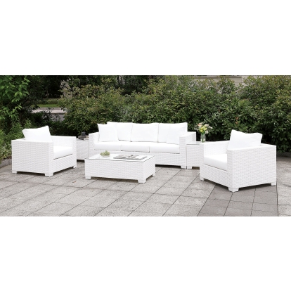 Somani White Wicker/White Cushion Sofa-2 Chairs-2 End Tables-Coffee Table-Ottoman Model CM-OS2128WH-SET16 by Furniture of America
