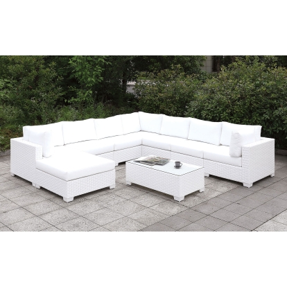 Somani White Wicker/White Cushion U-Sectional with Bench with End Table Model CM-OS2128WH-SET1 by Furniture of America