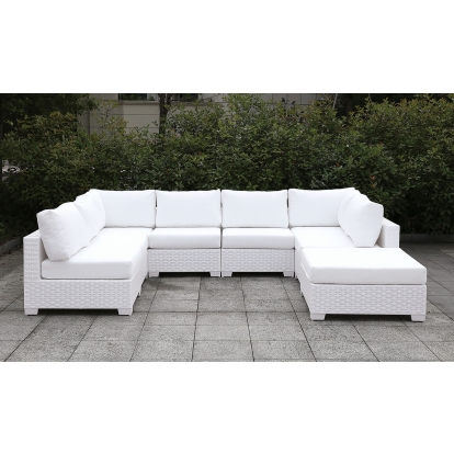 Somani White Wicker/White Cushion L-Sectional with Coffee Table Model CM-OS2128WH-SET8 by Furniture of America