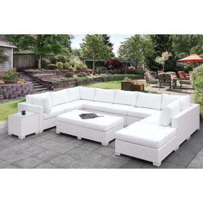 Somani White Wicker/White Cushion L-Sectional with Bench Model CM-OS2128WH-SET9 by Furniture of America