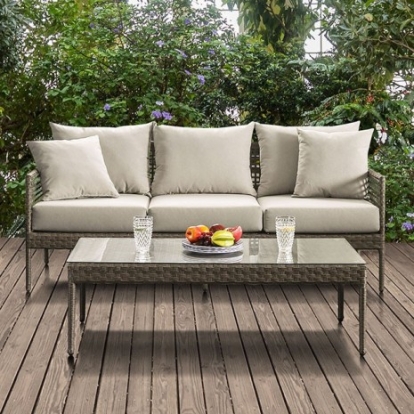 Furniture of America Aleisha Contemporary Aluminum Fabric Faux Rattan Gray-Beige Patio Sofa Model CM-OS2589-SF