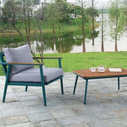 Furniture of America Marsha Contemporary Aluminum Fabric Solid with Wood Gray-Green-Oak 3 Pc. Outdoor Set Model CM-OT1845-3PK