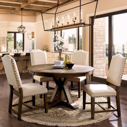 Furniture of America Julia Rustic Fabric Solid with Wood Veneer Light Oak-Beige Round Dining Table Model CM3014RT