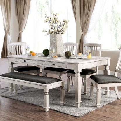 Furniture Of America Georgia Transitional Fabric, Solid Wood, Wood Veneer, Others Antique White/Gray Dining Table | CM3089T