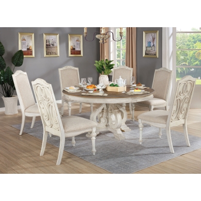Arcadia Rustic Antique White/Ivory 7 Piece Round Dining Table Set Model CM3150WH-RT-7PC by Furniture of America