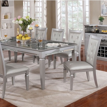 Furniture Of America Alena Transitional Tempered Glass, Solid Wood, Wood Veneer, Others Silver Dining Table | CM3452T