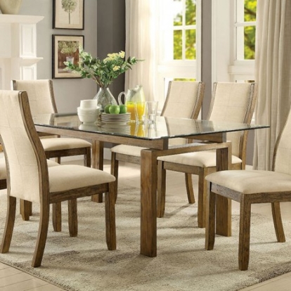 Furniture of America Onway Transitional Fabric Tempered Glass Solid with Wood Veneer Oak-Beige Dining Table Model CM3461T-TABLE