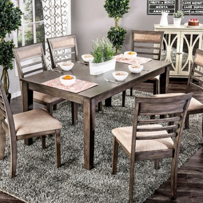 Furniture Of America Taylah Transitional Fabric, Solid Wood, Wood Veneer, Others Weathered Gray/Beige 7 Pc. Dining Table Set | CM3607T-7PK