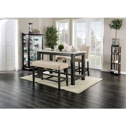 Brule Transitional White/Antique Black 4 Piece Counter Height Dining Table Set with Bench Model CM3736PT-GY-4PC-PBN by Furniture of America