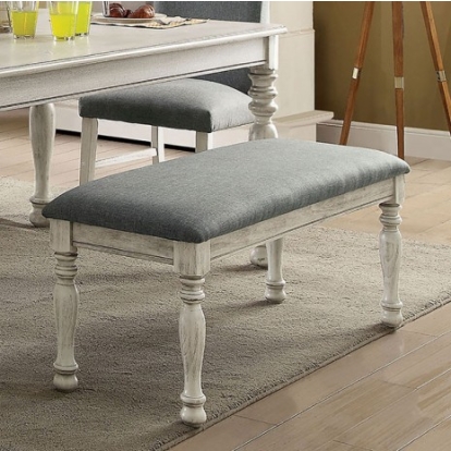 Furniture of America Siobhan Transitional Fabric Solid with Wood Veneer Antique White-Gray Bench Model CM3872WH-BN