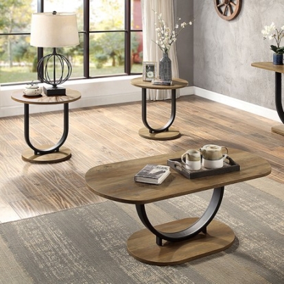 Furniture of America Olbia Industrial Steel Paper Veneer Rustic Oak-Sand Black 3 Pc. Table Set Model CM4199A-3PK-END TABLE
