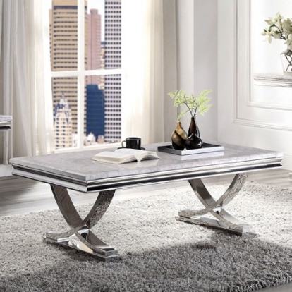 Furniture Of America Wettingen Glam Faux Marble, Stainless Steel Chrome Coffee Table | CM4285C-TABLE