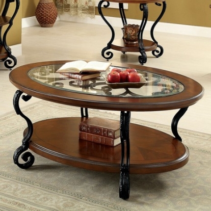 Furniture of America May Traditional Glass Metal with Wood Brown Cherry Coffee Table Model CM4326C