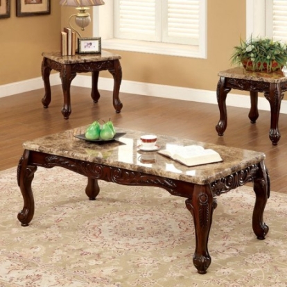 Furniture of America Lechester Traditional Faux Marble Solid with Wood Veneer Dark Oak-Ivory 3 Pc. Table Set Model CM4487-3PK-END TABLE