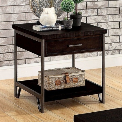 Furniture of America Wasta Industrial Metal Solid with Wood Dark Oak End Table Model CM4499E