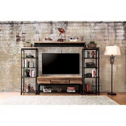 Furniture of America Kebbyll Industrial Metal with Wood Antique Black-Natural Tone 60" Tv Stand Model CM5913-TV-PK