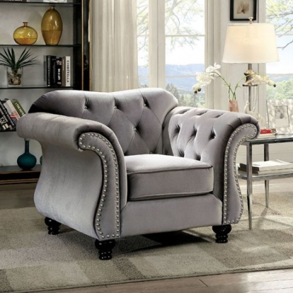 Furniture of America Jolanda Glam Flannelette Solid with Wood Gray Chair Model CM6159GY-CH-VN