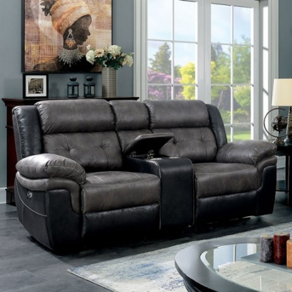 Furniture of America Brookdale Transitional Fabric-Like Vinyl Solid with Wood Gray-Black Power Loveseat Model CM6217GY-LV