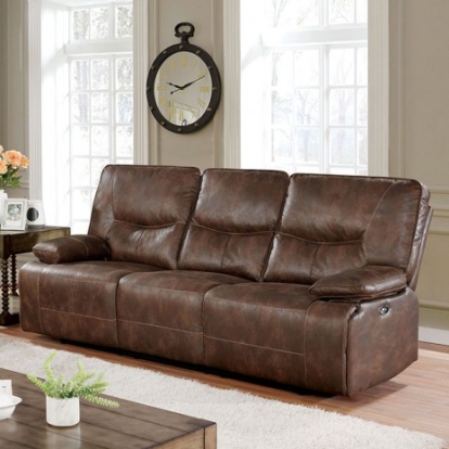 Furniture of America Chantoise Transitional Fabric-Like Vinyl Solid with Wood Brown Power Sofa Model CM6228BR-SF