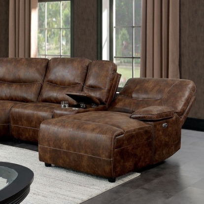 Furniture of America Chantelle Transitional Fabric-Like Vinyl Solid with Wood Brown Power Sectional Model CM6229BR-SECT