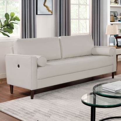 Furniture of America Horgen Mid-Century Modern Leatherette Solid with Wood Off-White Sofa Model CM6452WH-SF