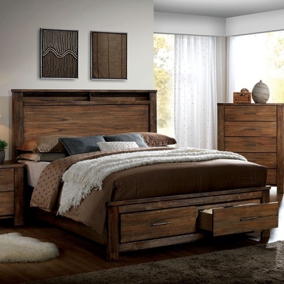 Furniture of America Elkton Cottage Solid with Wood Veneer Antique Oak Bed Model CM7072-Queen Bed
