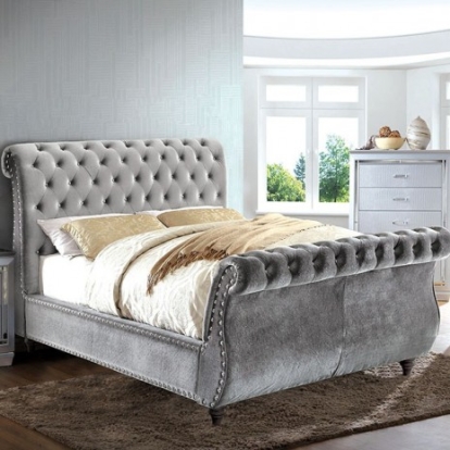 Furniture of America Noella Glam Velvet-Like Solid with Wood Gray Bed Model CM7128GY