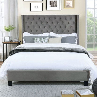 Furniture of America Ryleigh Transitional Velvet-Like Solid with Wood Gray Bed Model FM7141GY-Queen Bed