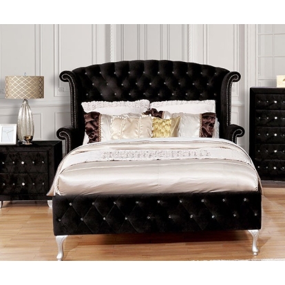 Furniture of America Alzire Glam Velvet-Like Solid with Wood Black Bed Model CM7150BK-EK-BED