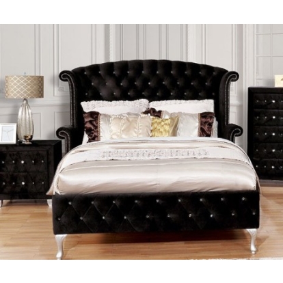 Furniture of America Alzire Glam Velvet-Like Solid with Wood Black Bed Model CM7150BK