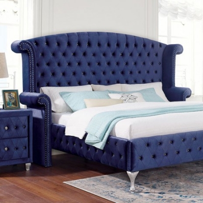 Furniture of America Alzir Glam Velvet-Like Solid with Wood Veneer Blue Bed Model CM7150BL-Queen Bed