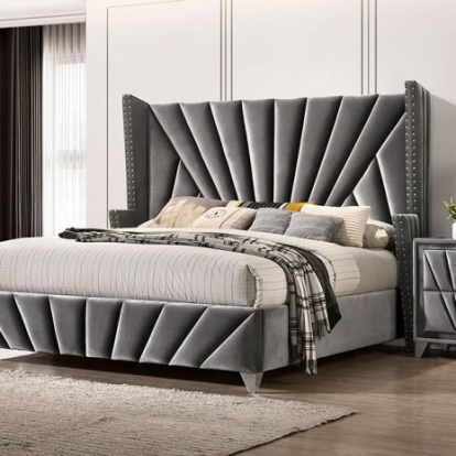 Furniture of America Carissa Transitional Fabric Solid with Wood Veneer Gray Bed Model CM7164