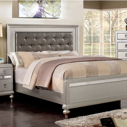 Furniture of America Avior Contemporary Glass Solid with Wood Veneer Others Leatherette Mirror Silver Bed Model CM7170SV-Queen Bed