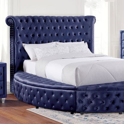 Furniture of America Delilah Glam Velvet-Like Solid with Wood Veneer Blue Bed Model CM7177BL