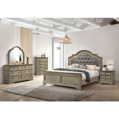 Lasthenia Antique Warm Gray Queen Bed with 1NS with Dresser with Mirror Model CM7181Q-4PC by Furniture of America