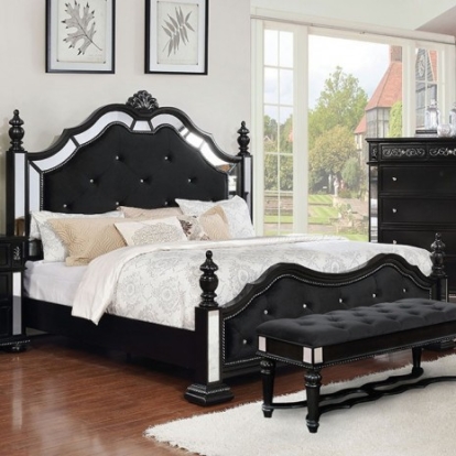 Furniture of America Azha Glam Fabric Mirror Solid with Wood Veneer Black Bed Model CM7194BK