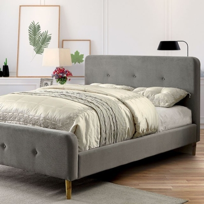Furniture of America Barney Mid-Century Modern Chenille Solid with Wood Gray Bed Model CM7272GY-Queen Bed
