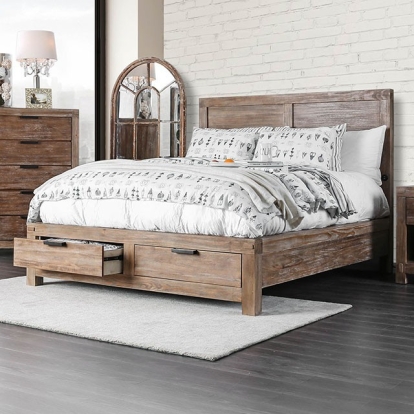 Furniture of America Wynton Rustic Solid with Wood Veneer Weathered Light Oak Bed Model CM7360-Queen Bed