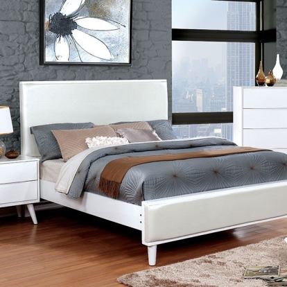 Furniture of America Lennart Mid-Century Modern Leatherette with Wood White Bed Model CM7387WH-Queen Bed