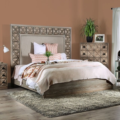 Furniture of America Markos Transitional Small Weave Chenille Solid with Wood Veneer Weathered Light Oak Bed Model CM7393-Queen Bed